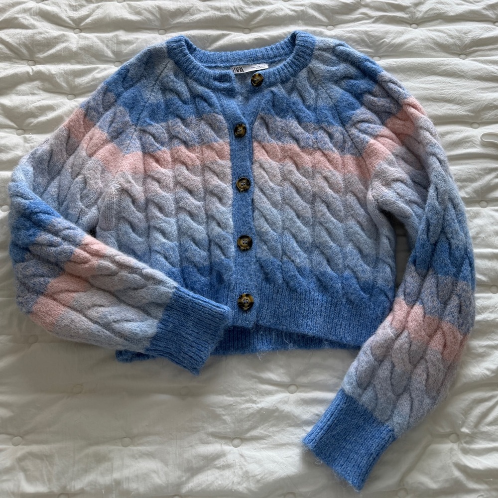 Zara Blue and Pink Cable Knit Cardigan